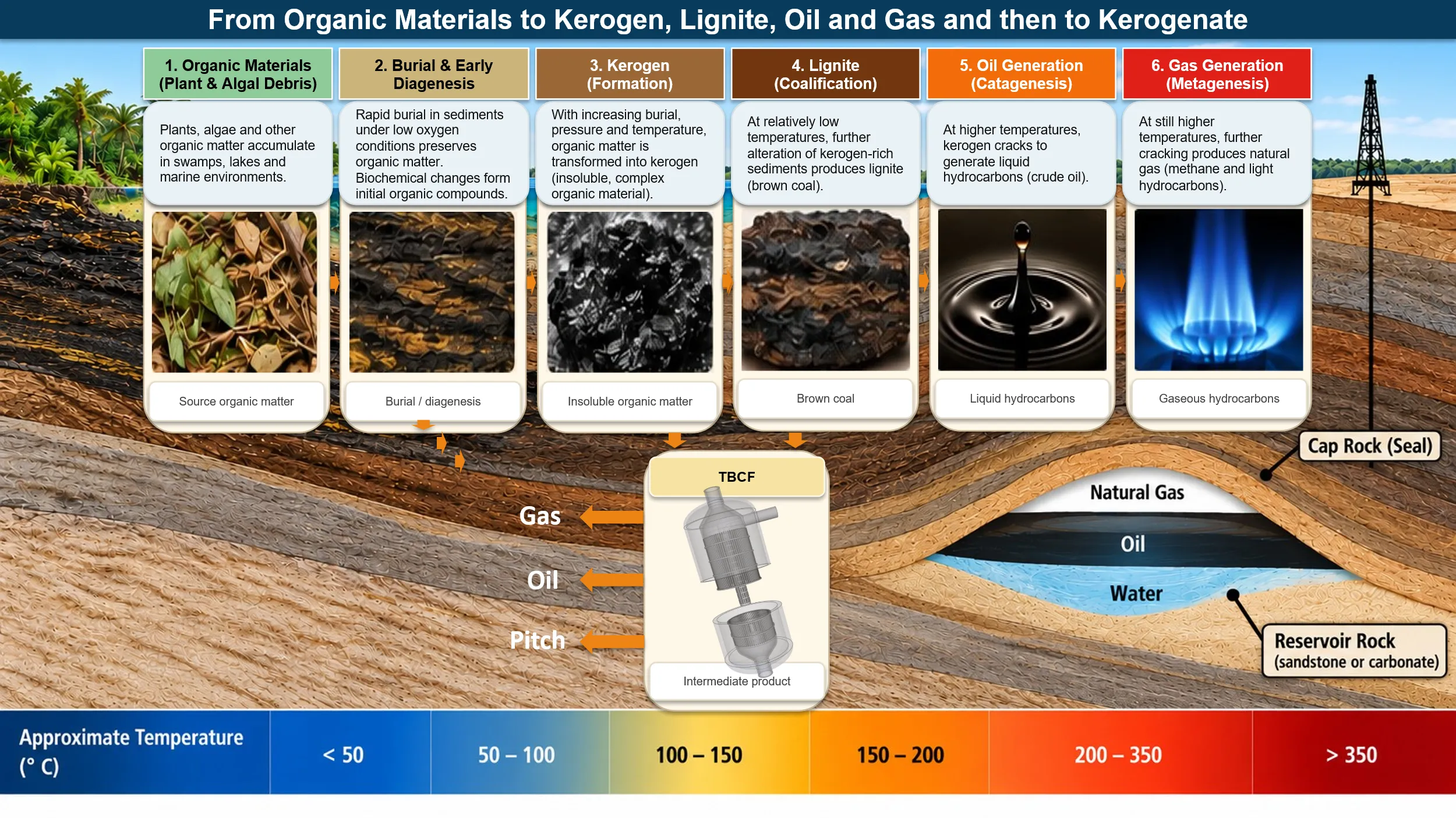 Diagram of organic matter maturing through burial into kerogen, lignite, oil, and gas as temperature rises, with the retort converting kerogen and lignite into gas, oil, and pitch fractions